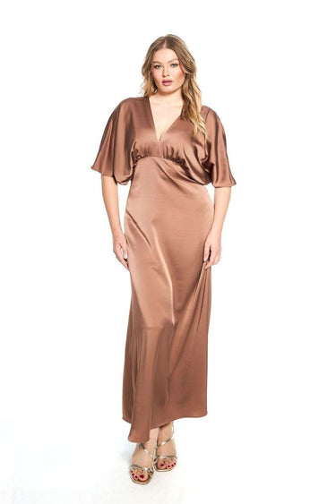 Choc Mousse Short Sleeve Satin Formal Dress
