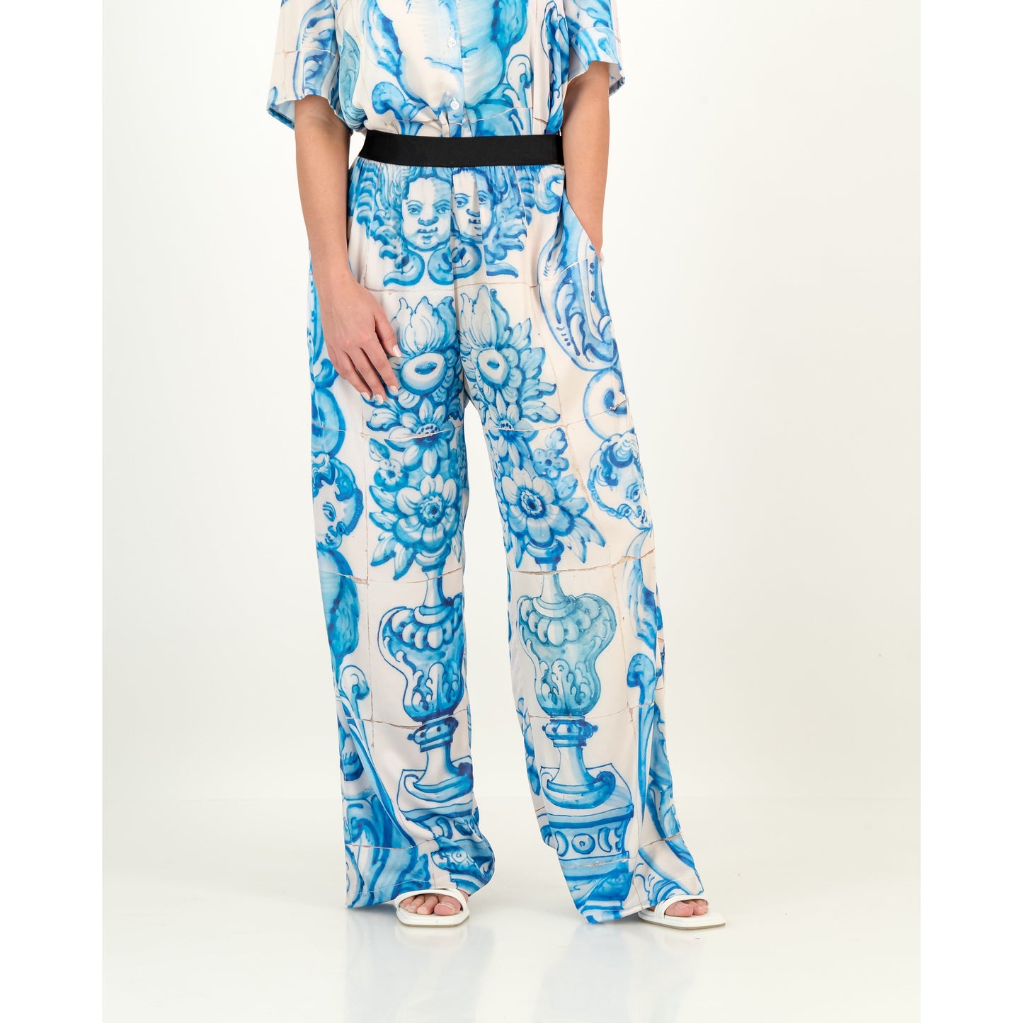 Satin Pants - Blue & White Tile Print