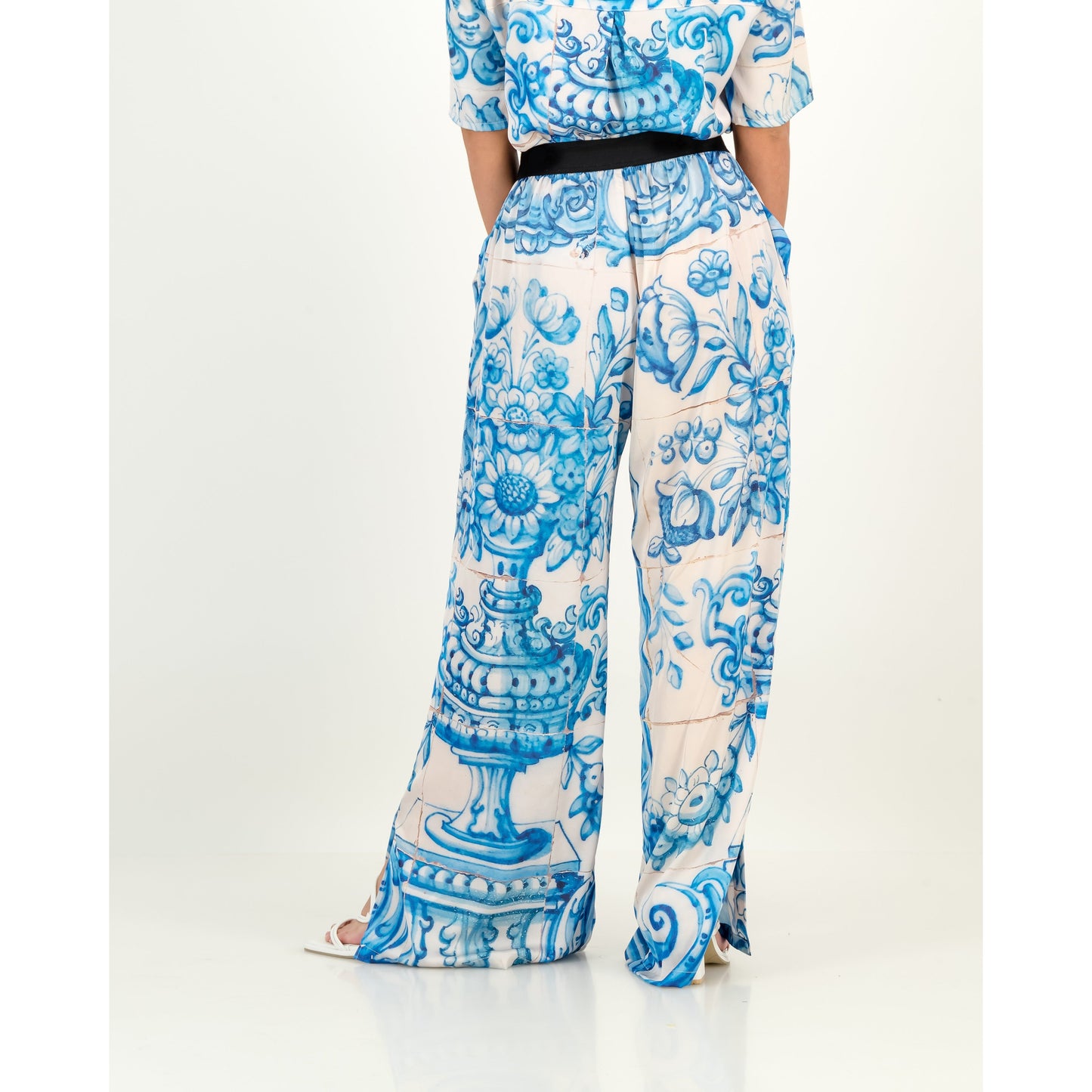 Satin Pants - Blue & White Tile Print