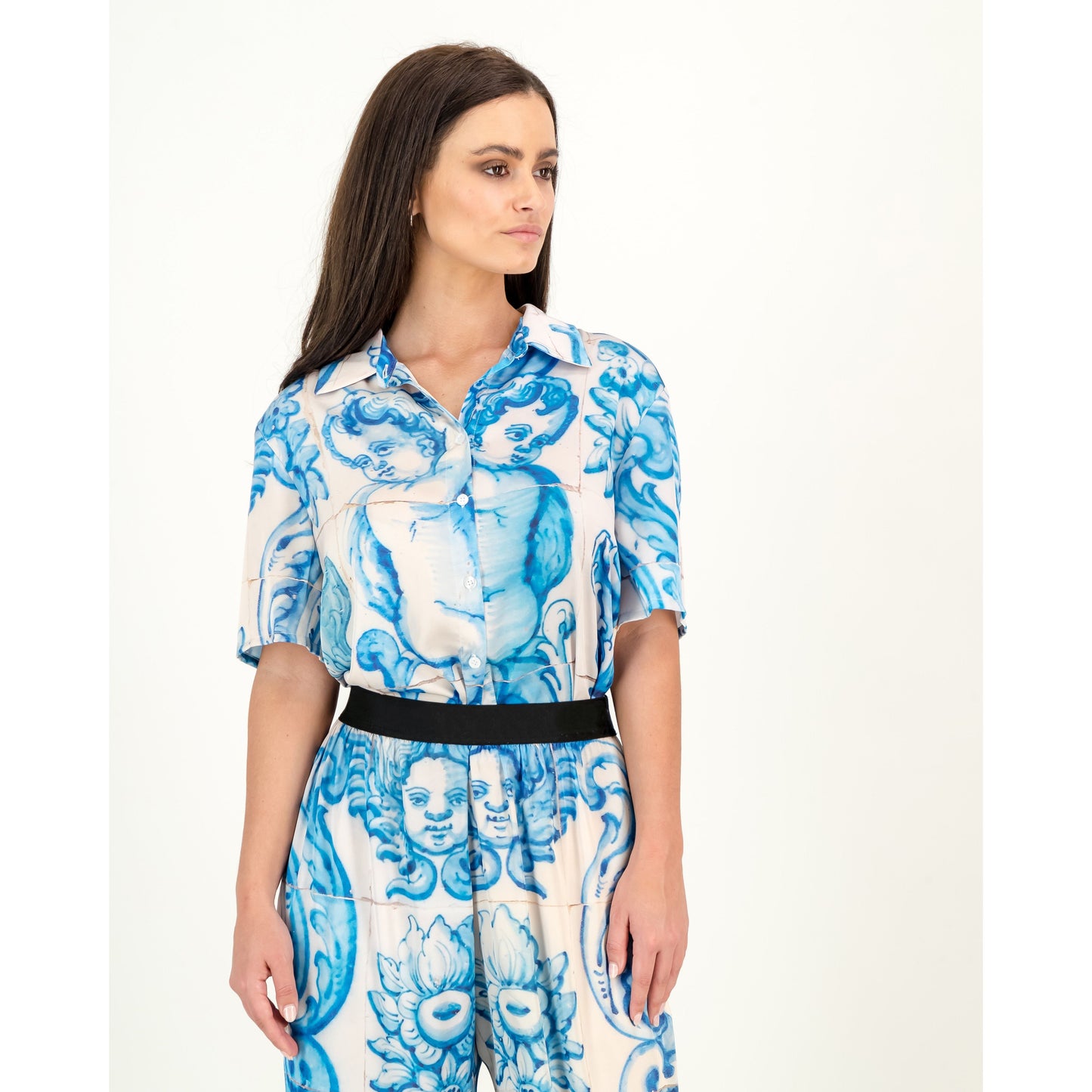 Satin Pants - Blue & White Tile Print