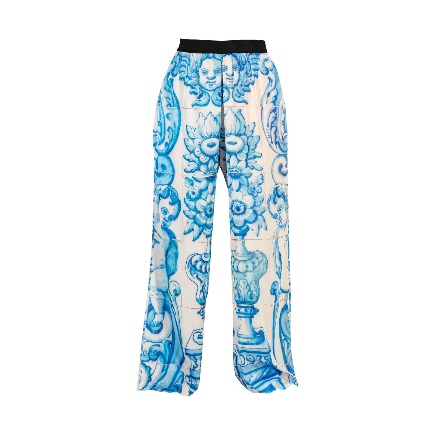 Satin Pants - Blue & White Tile Print