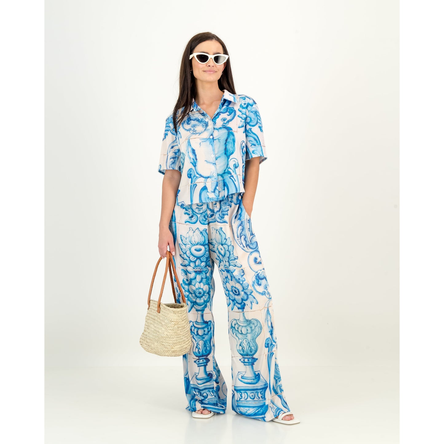 Satin Shirt - Blue & White Tile