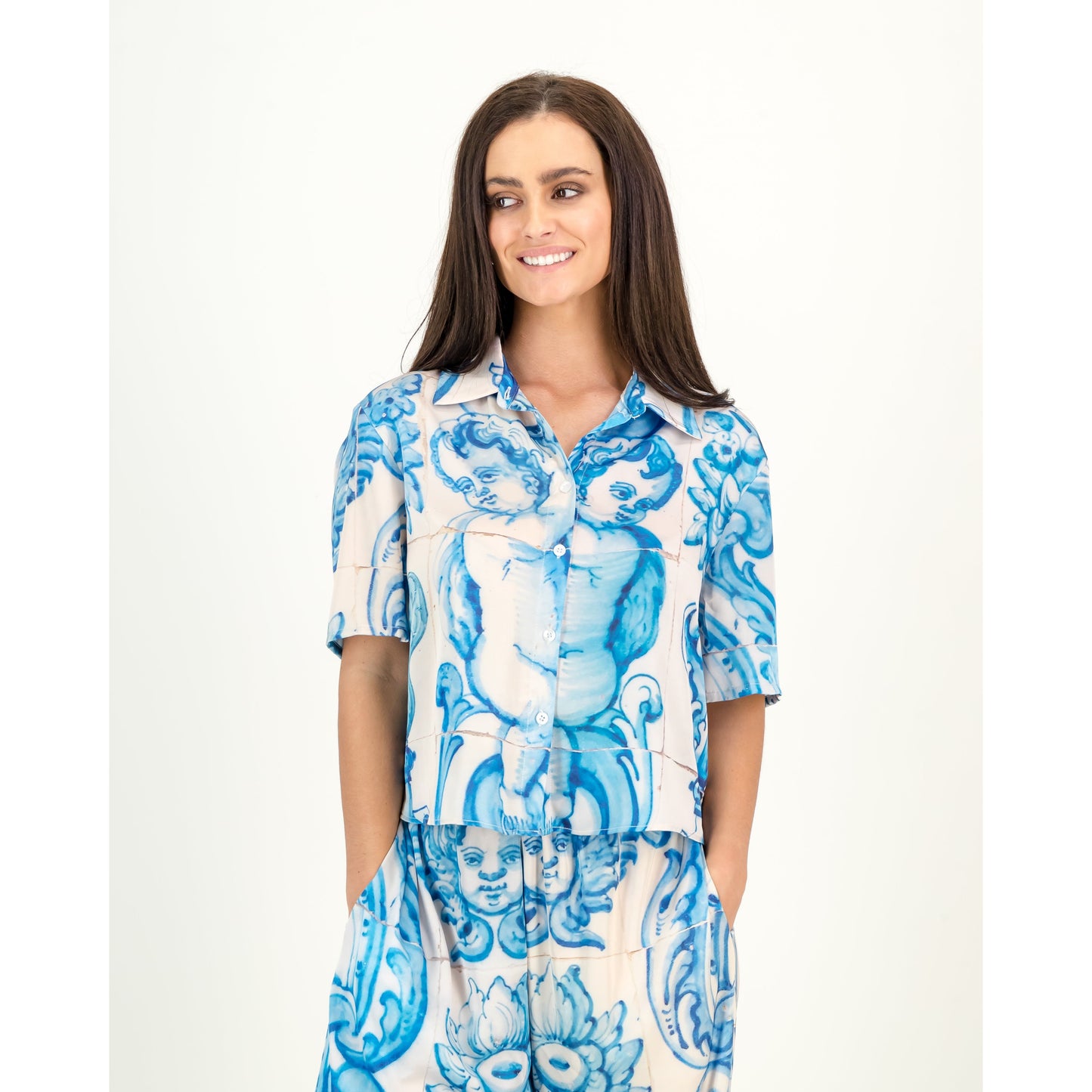 Satin Shirt - Blue & White Tile