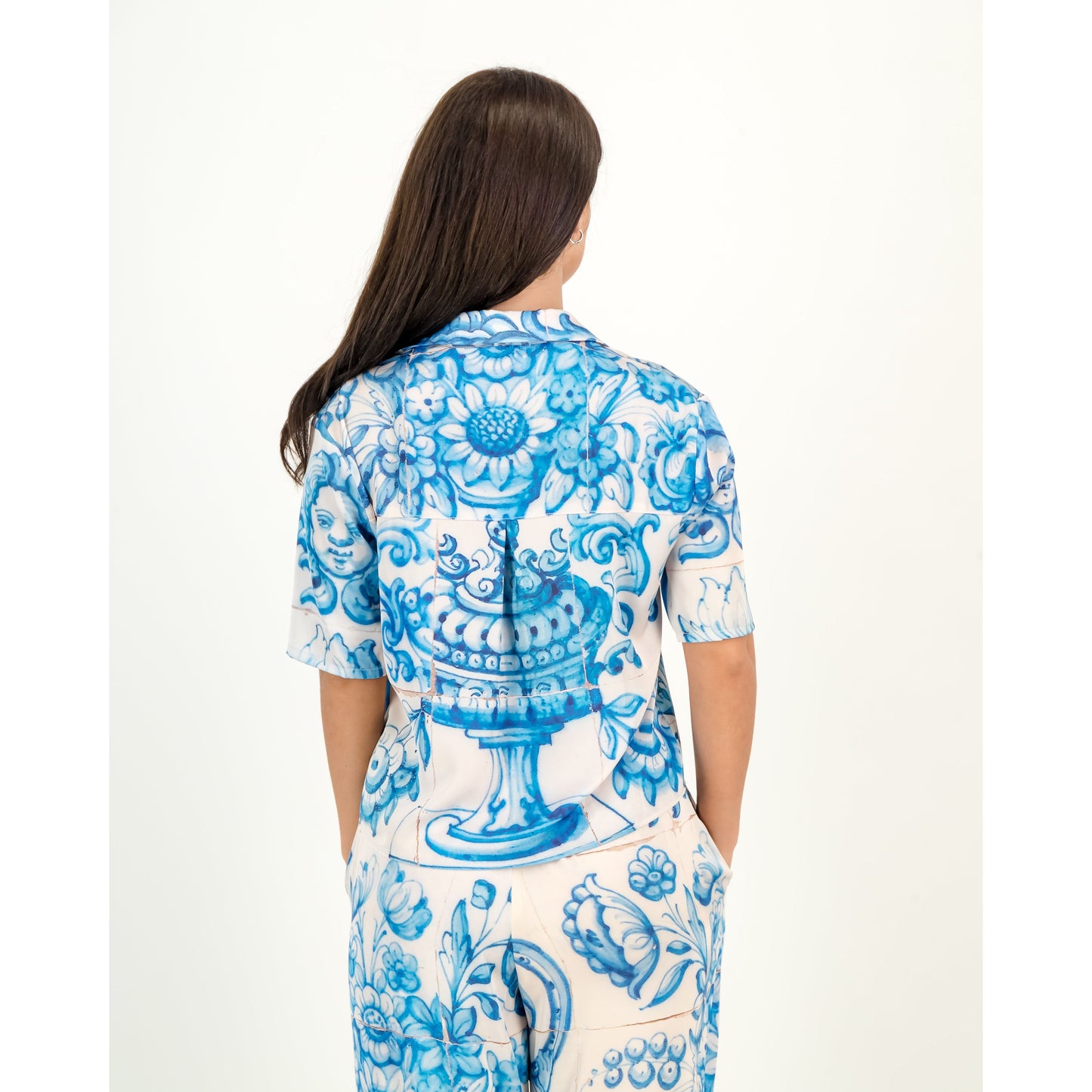 Satin Shirt - Blue & White Tile