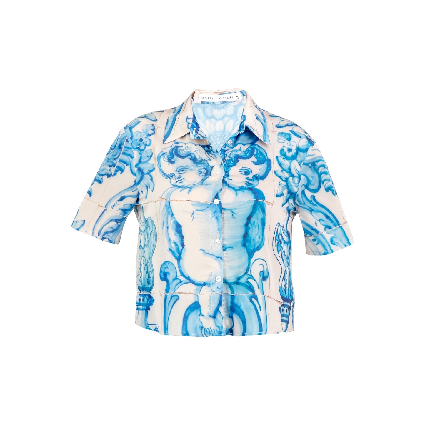 Satin Shirt - Blue & White Tile