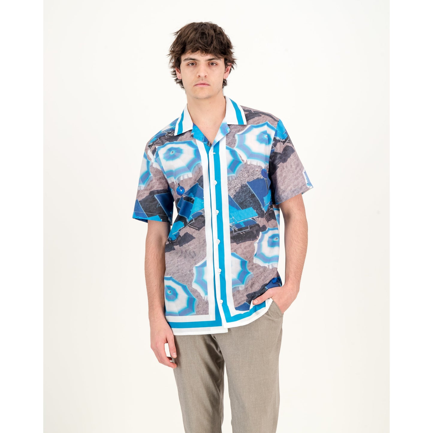 Border Print Shirt - Blue & White Umbrella Print
