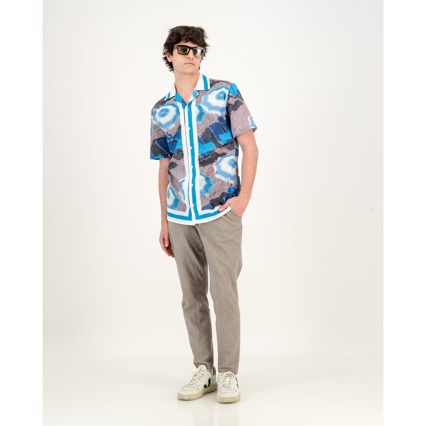 Border Print Shirt - Blue & White Umbrella Print