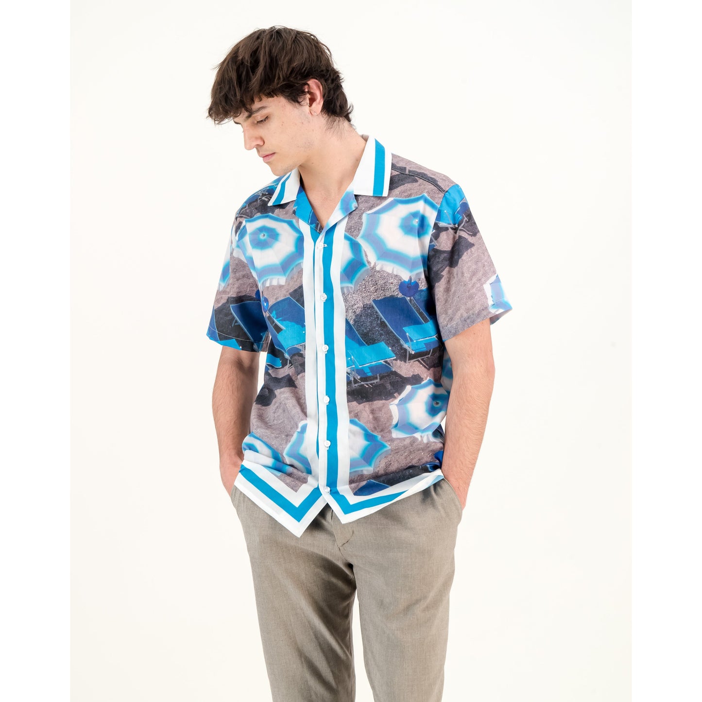 Border Print Shirt - Blue & White Umbrella Print
