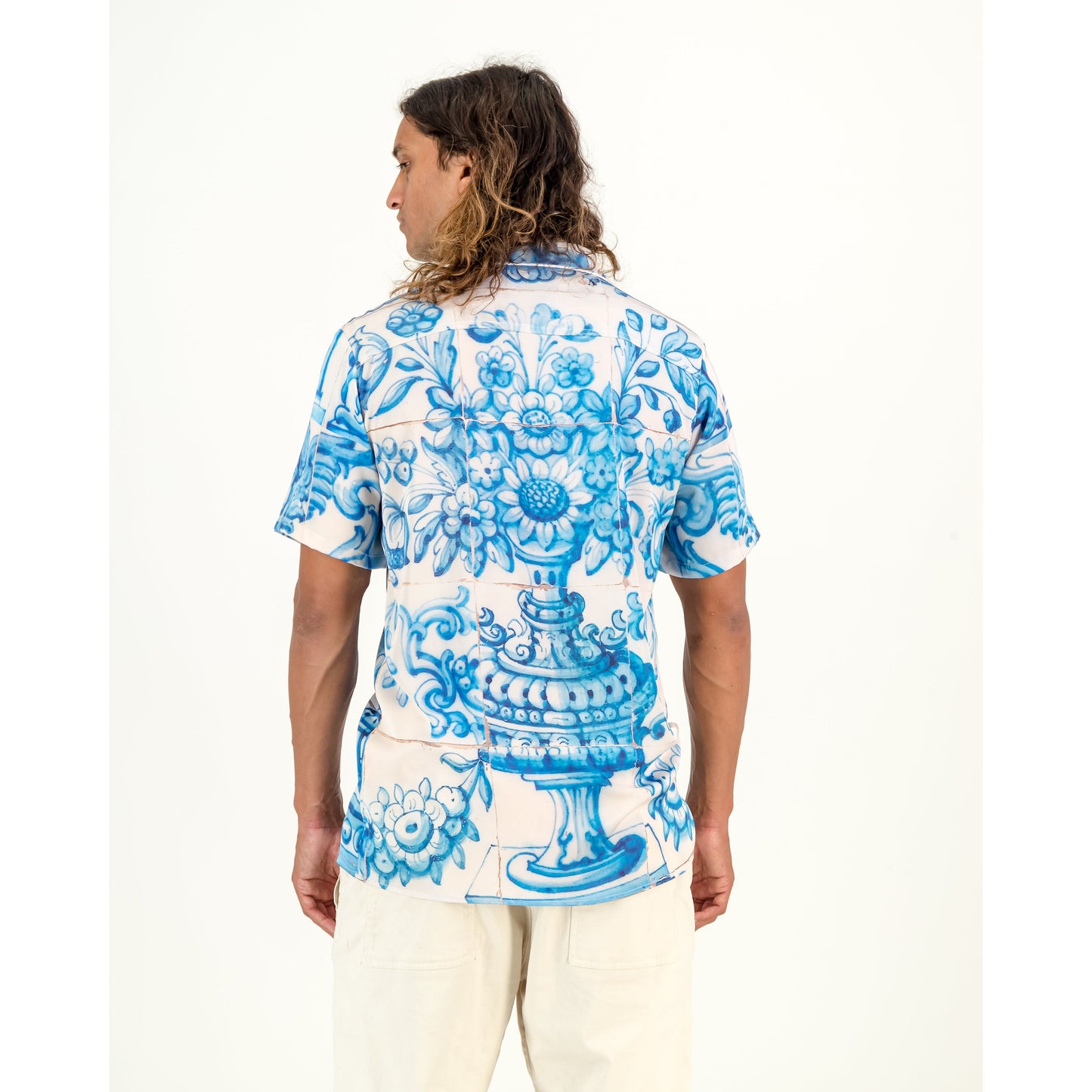 Satin Shirt - Blue & White Vintage Tile Print