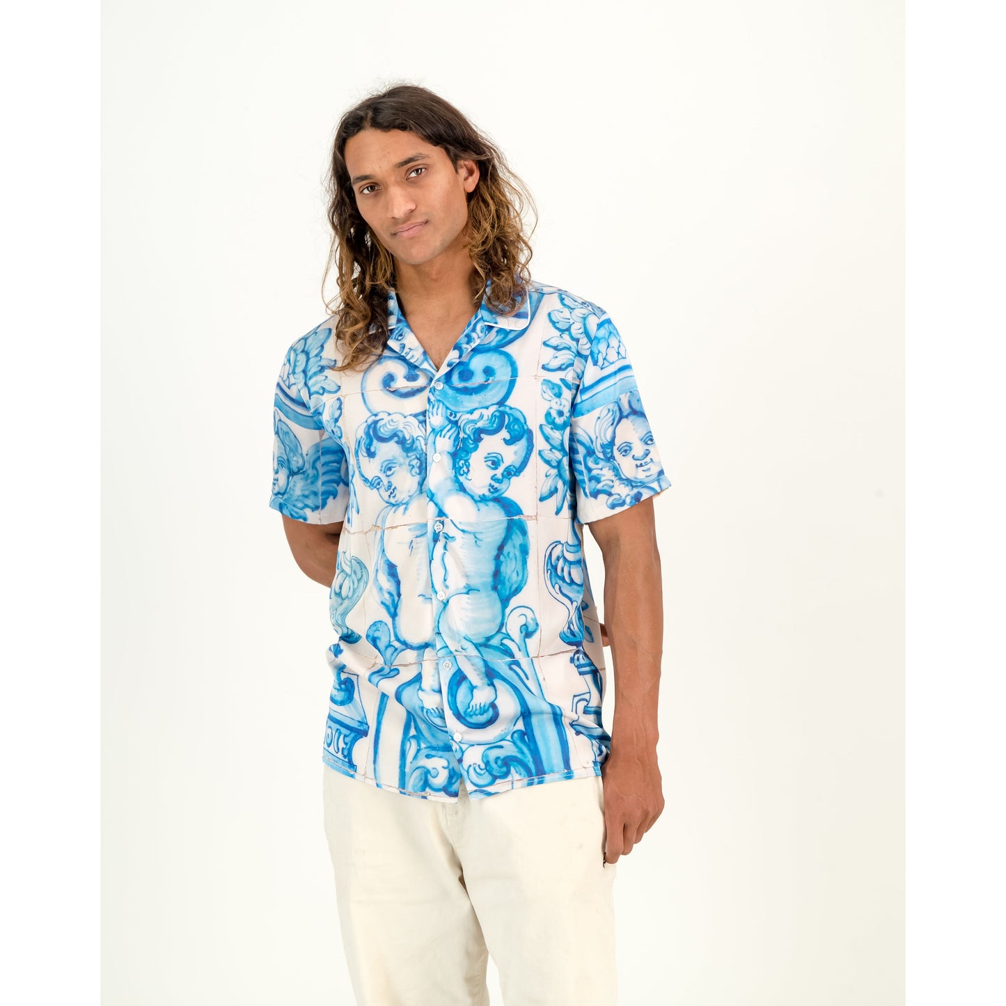 Satin Shirt - Blue & White Vintage Tile Print