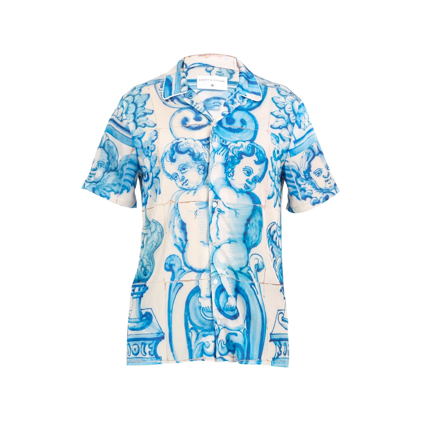 Satin Shirt - Blue & White Vintage Tile Print