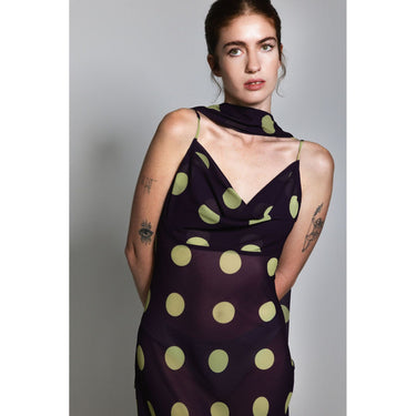 Aubergine & Lime Polka Dot Sheer Cowl neck Dress