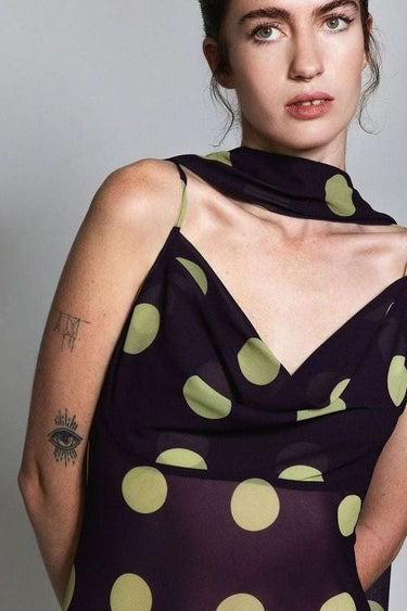 Aubergine & Lime Polka Dot Sheer Cowl neck Dress