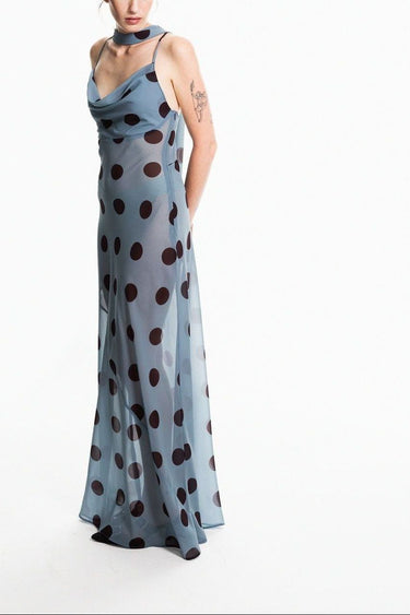 Powder Blue & Aubergine Polka Dot Sheer Cowl neck Dress