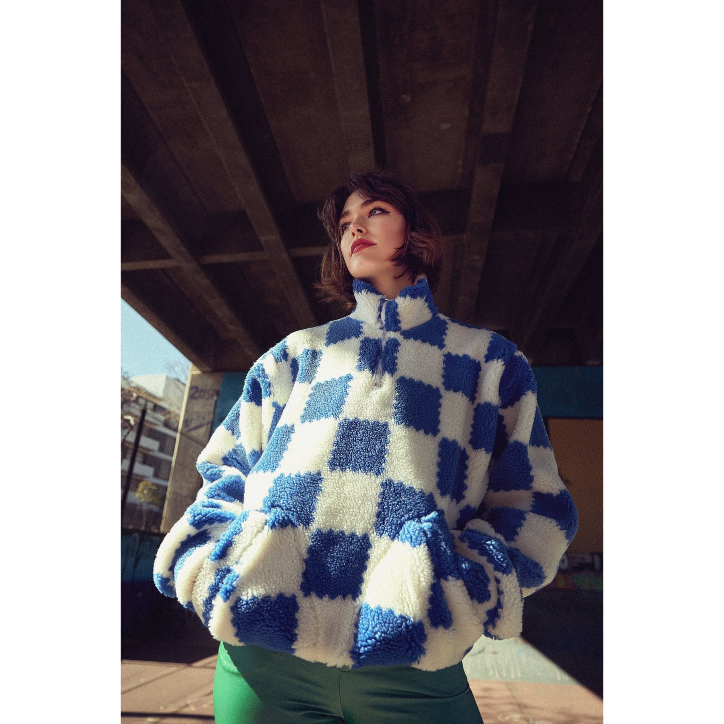 Sherpa Pull Over Sweater in Blue & White Check