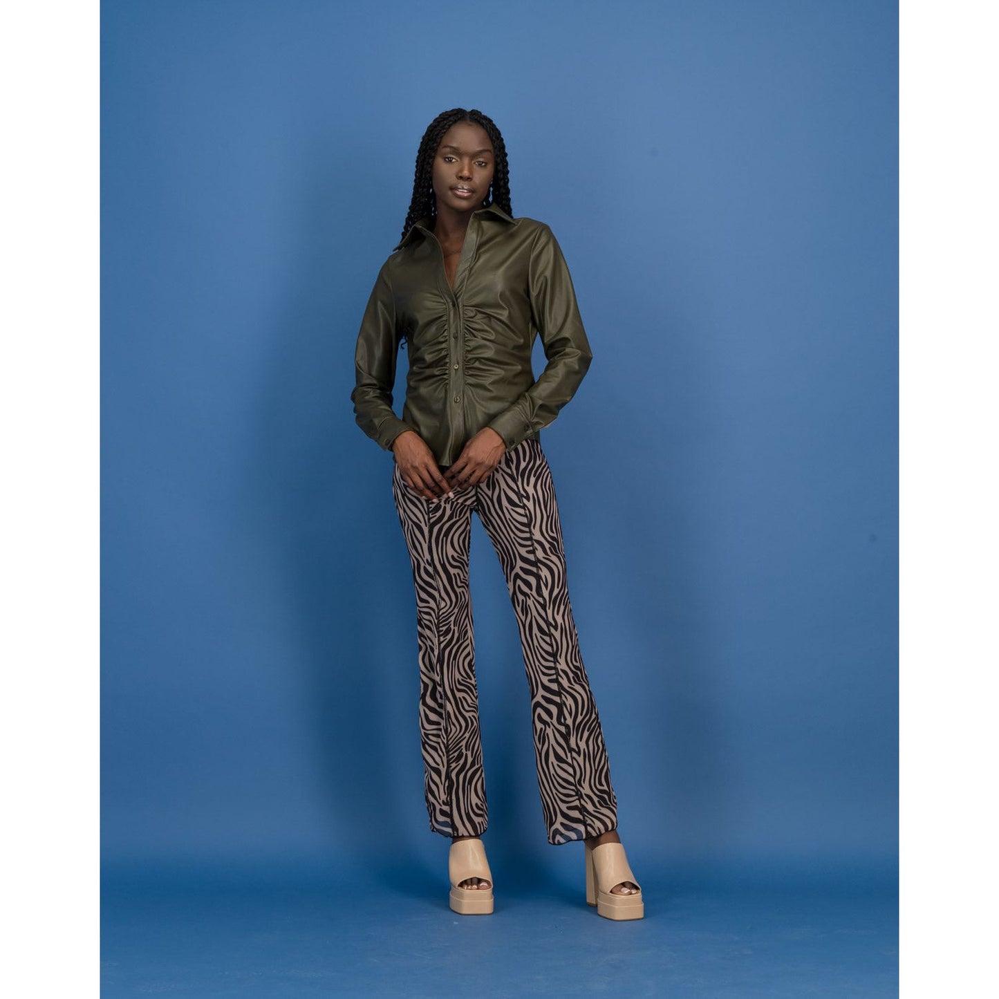 PU Ruched Shirt in Khaki