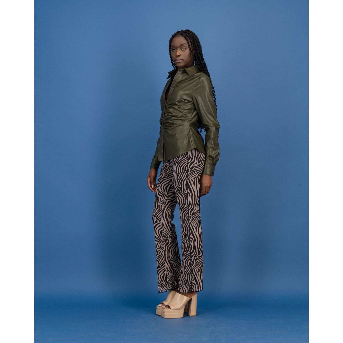 PU Ruched Shirt in Khaki