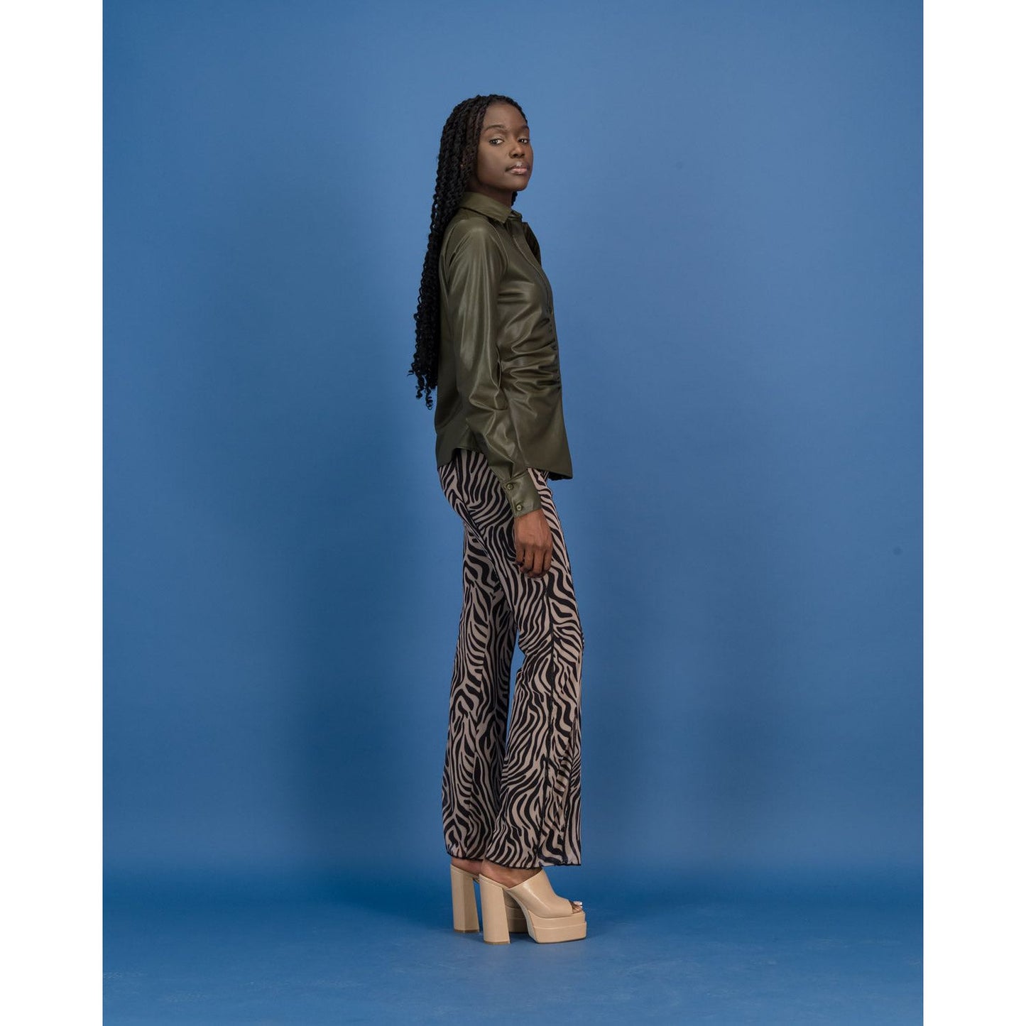 PU Ruched Shirt in Khaki