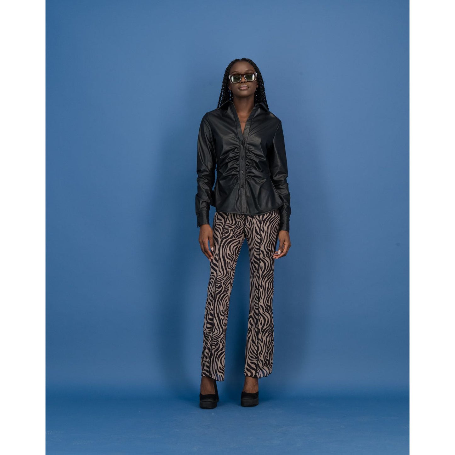 PU Ruched Shirt in Black