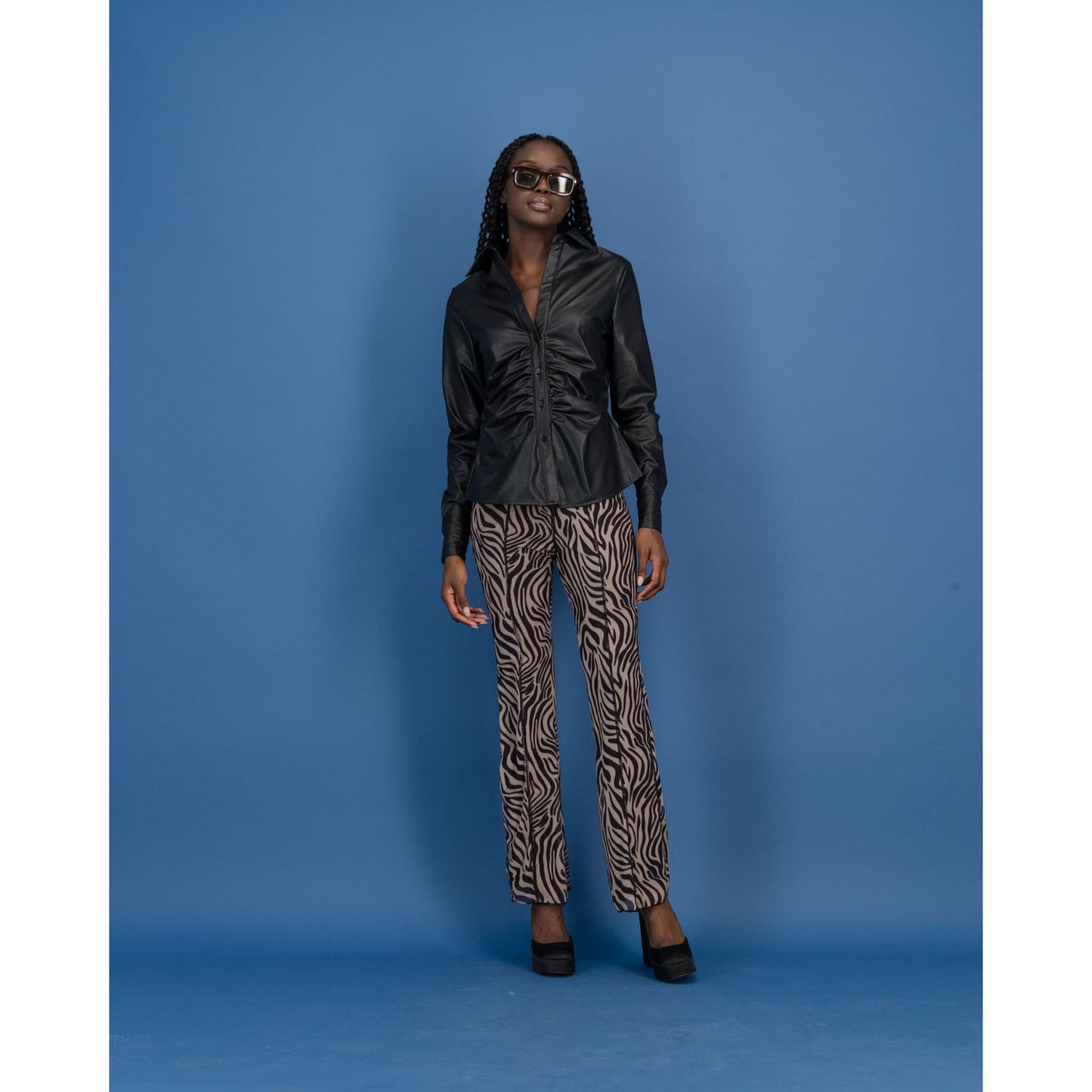 PU Ruched Shirt in Black