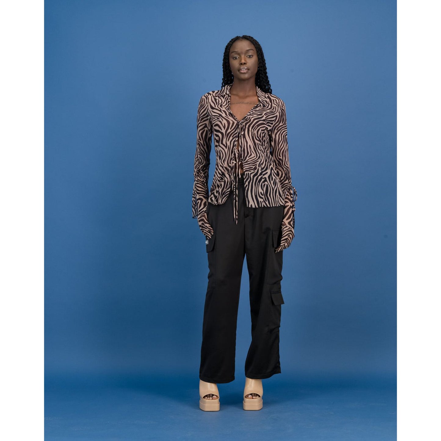 Tie Front Sheer Shirt in Cream Zebra Print