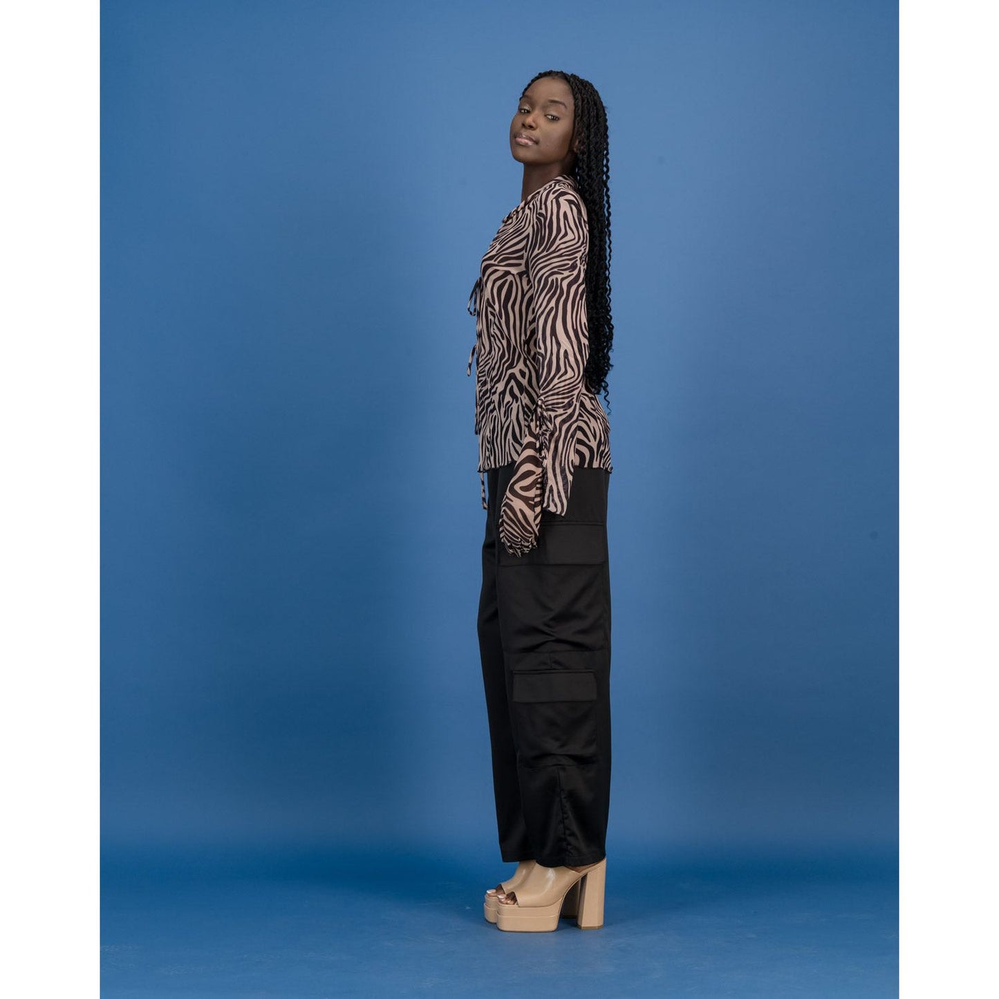 Tie Front Sheer Shirt in Cream Zebra Print