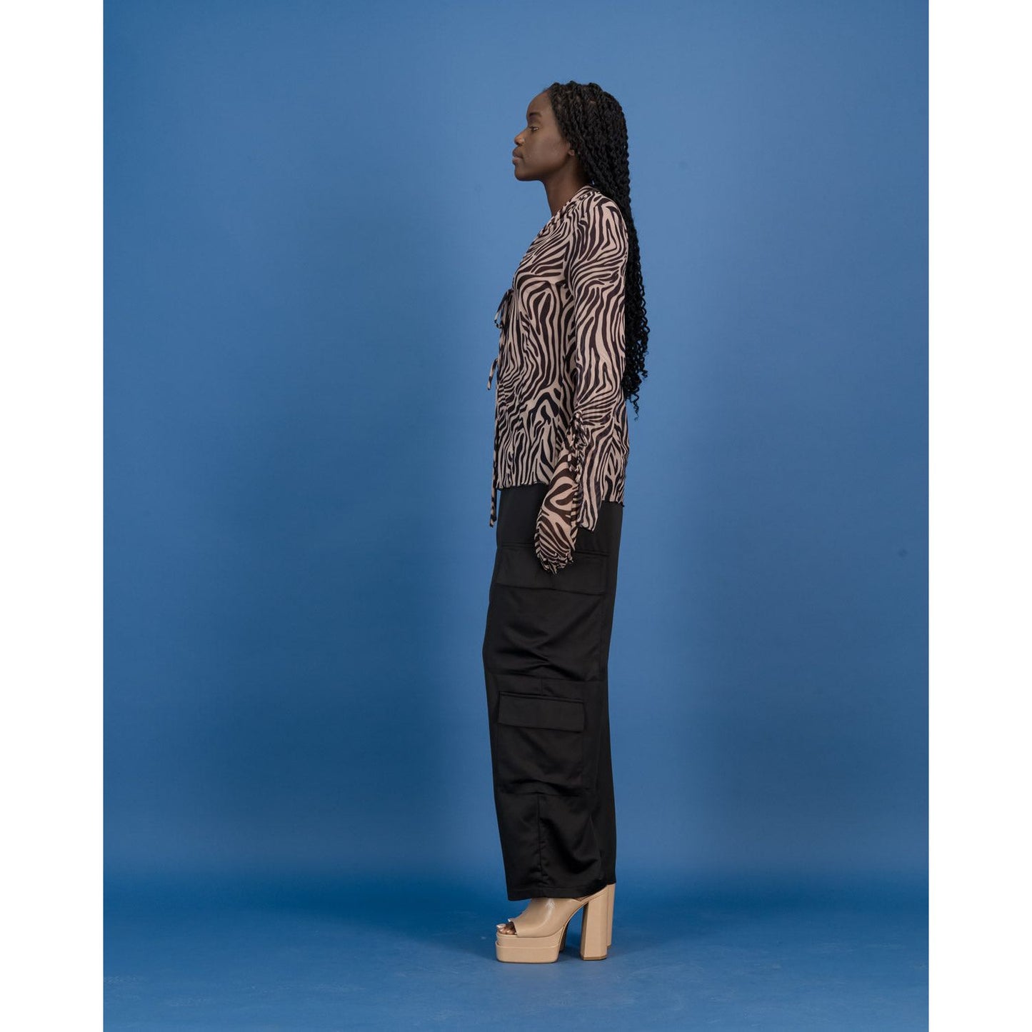 Tie Front Sheer Shirt in Cream Zebra Print