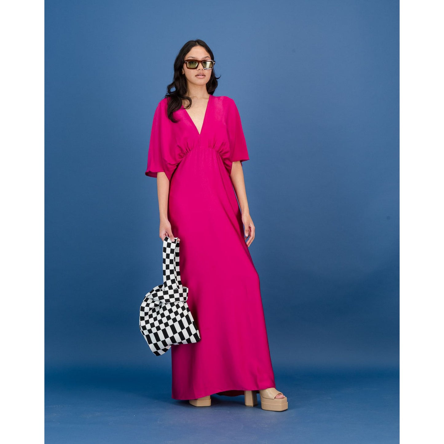Short Sleeve Satin Formal Dress in Magenta