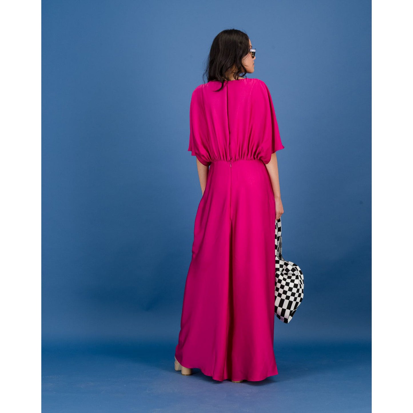 Short Sleeve Satin Formal Dress in Magenta