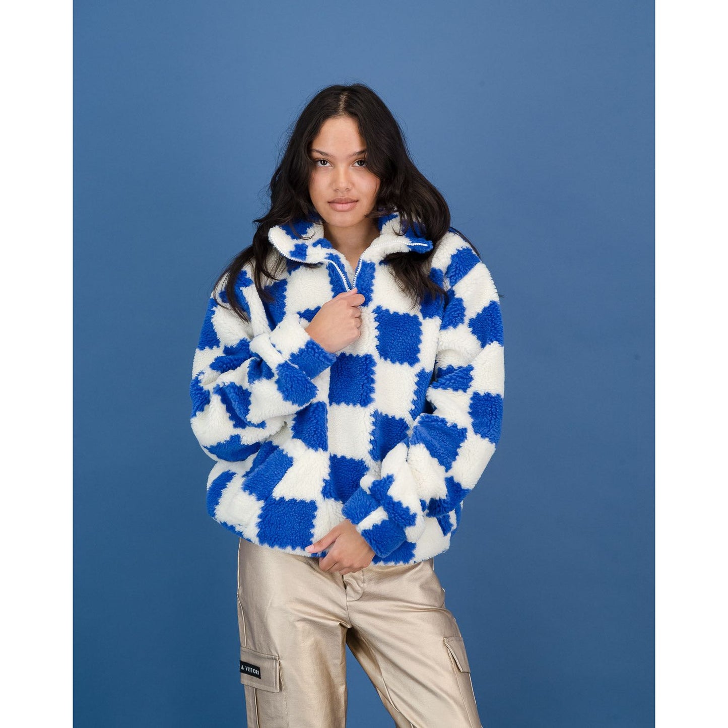 Sherpa Pull Over Sweater in Blue & White Check