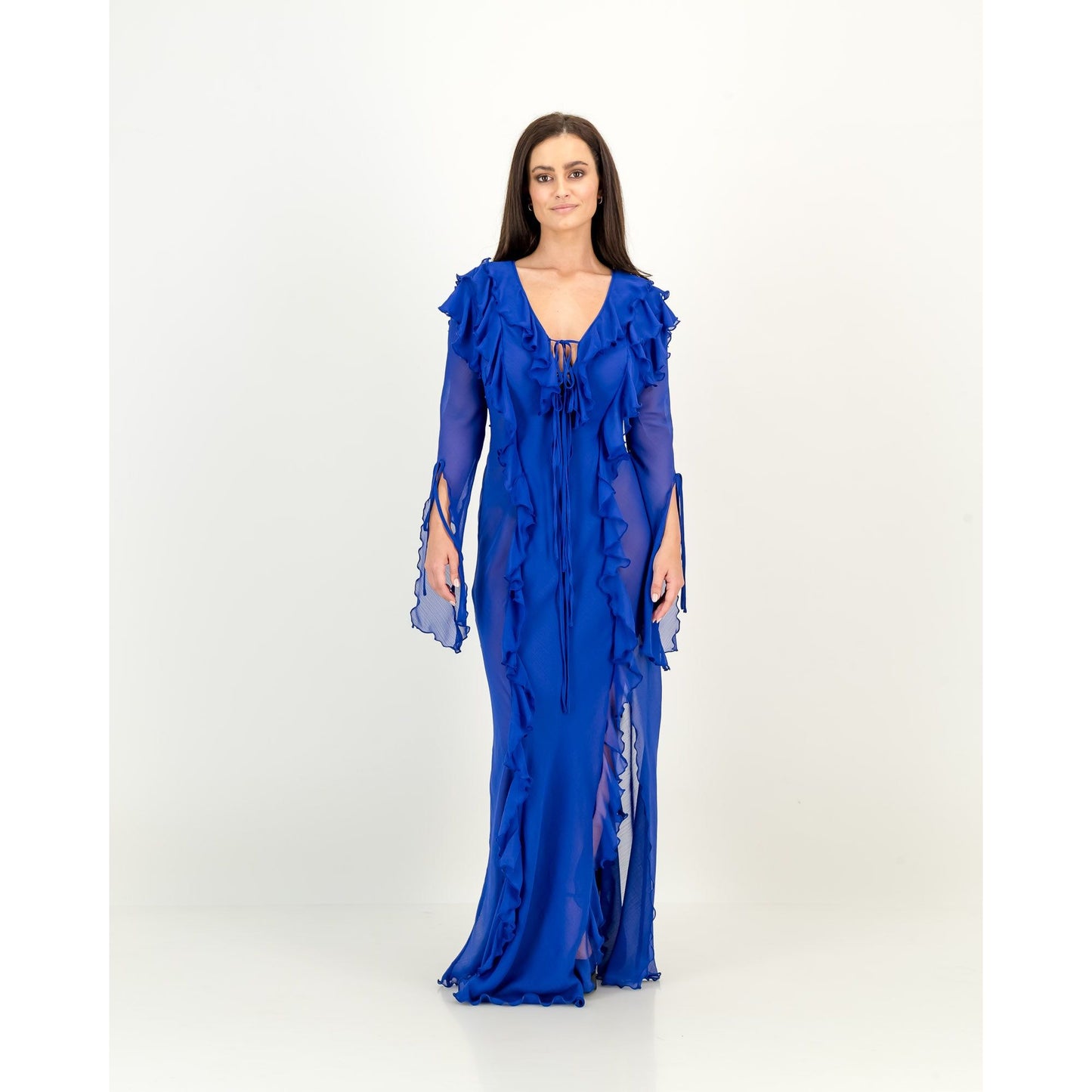 Maxi Ruffle Sheer Dress in Royal Blue