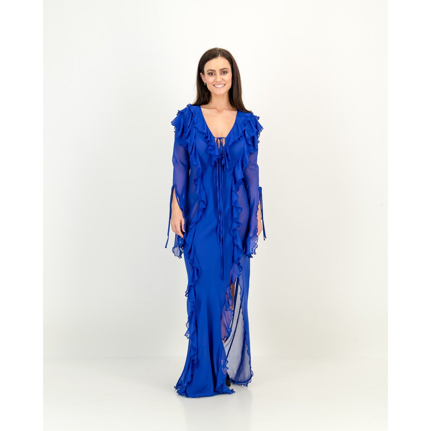 Maxi Ruffle Sheer Dress in Royal Blue