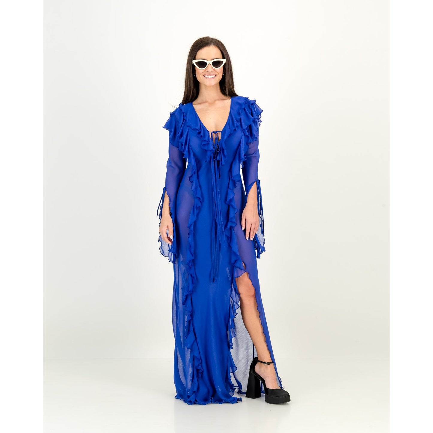 Maxi Ruffle Sheer Dress in Royal Blue