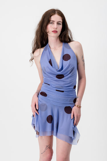 Baby Blue & Chocolate Polka Dot Mesh Cowl Neck Dress