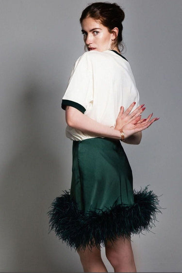 Custom Mini Satin Skirt with Feathers
