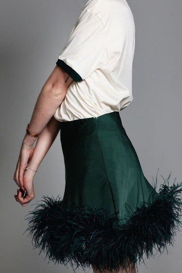Custom Mini Satin Skirt with Feathers