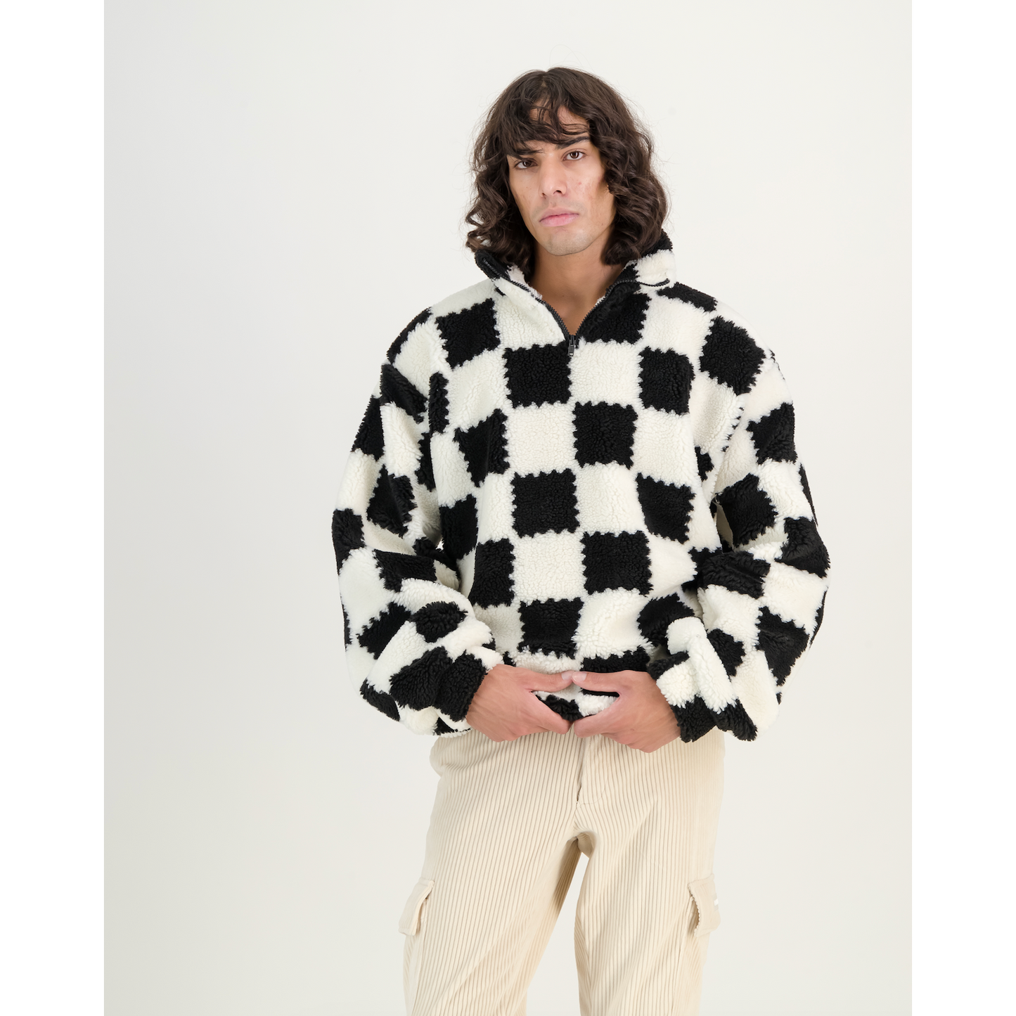 Sherpa Pull Over Sweater in Black & White Check