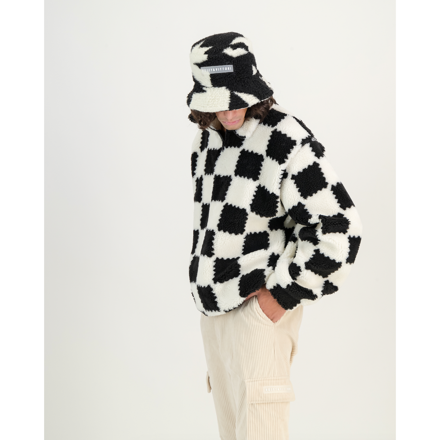 Sherpa Pull Over Sweater in Black & White Check