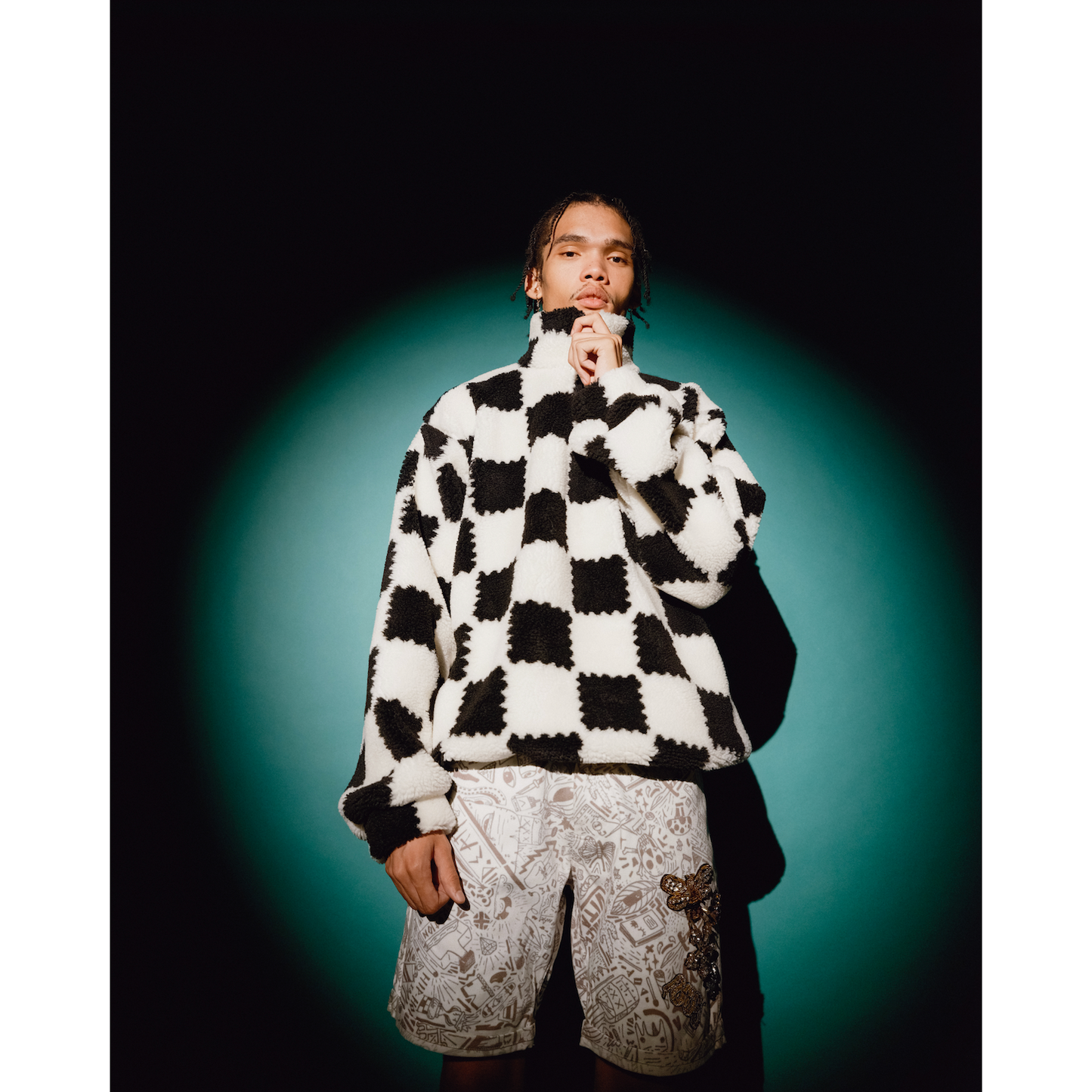 Sherpa Pull Over Sweater in Black & White Check