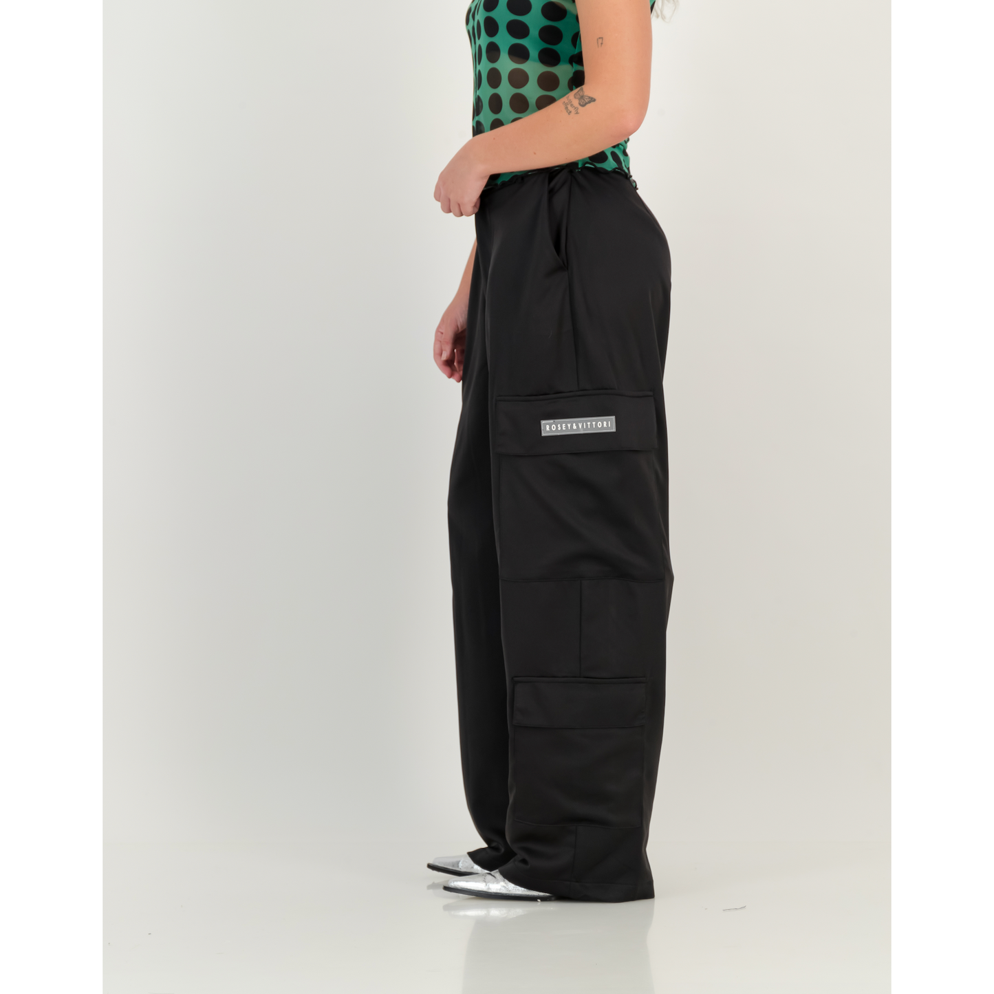 Satin Cargo Pants in Black