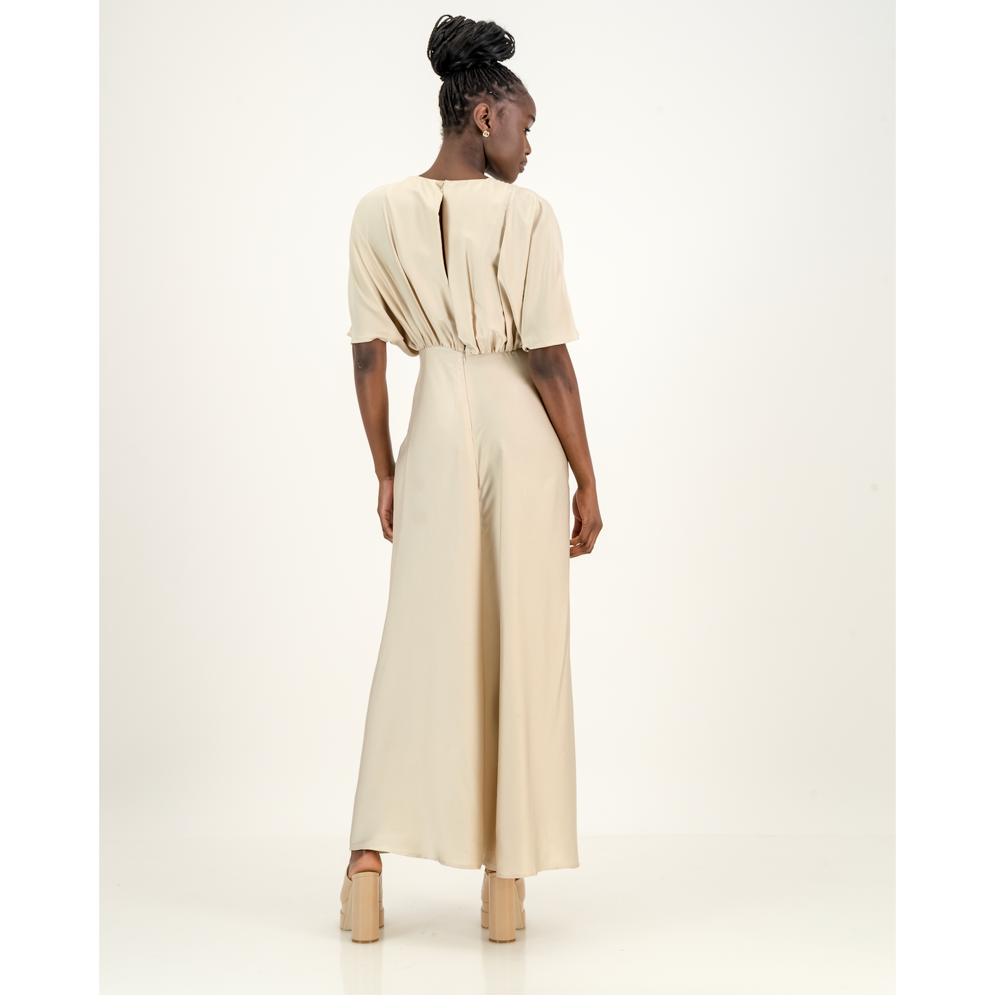 Short Sleeve Satin Formal Dress in Hummus