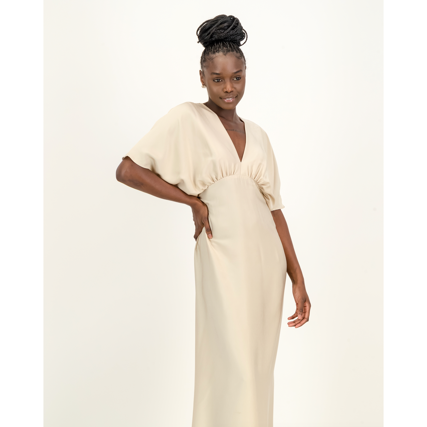 Short Sleeve Satin Formal Dress in Hummus