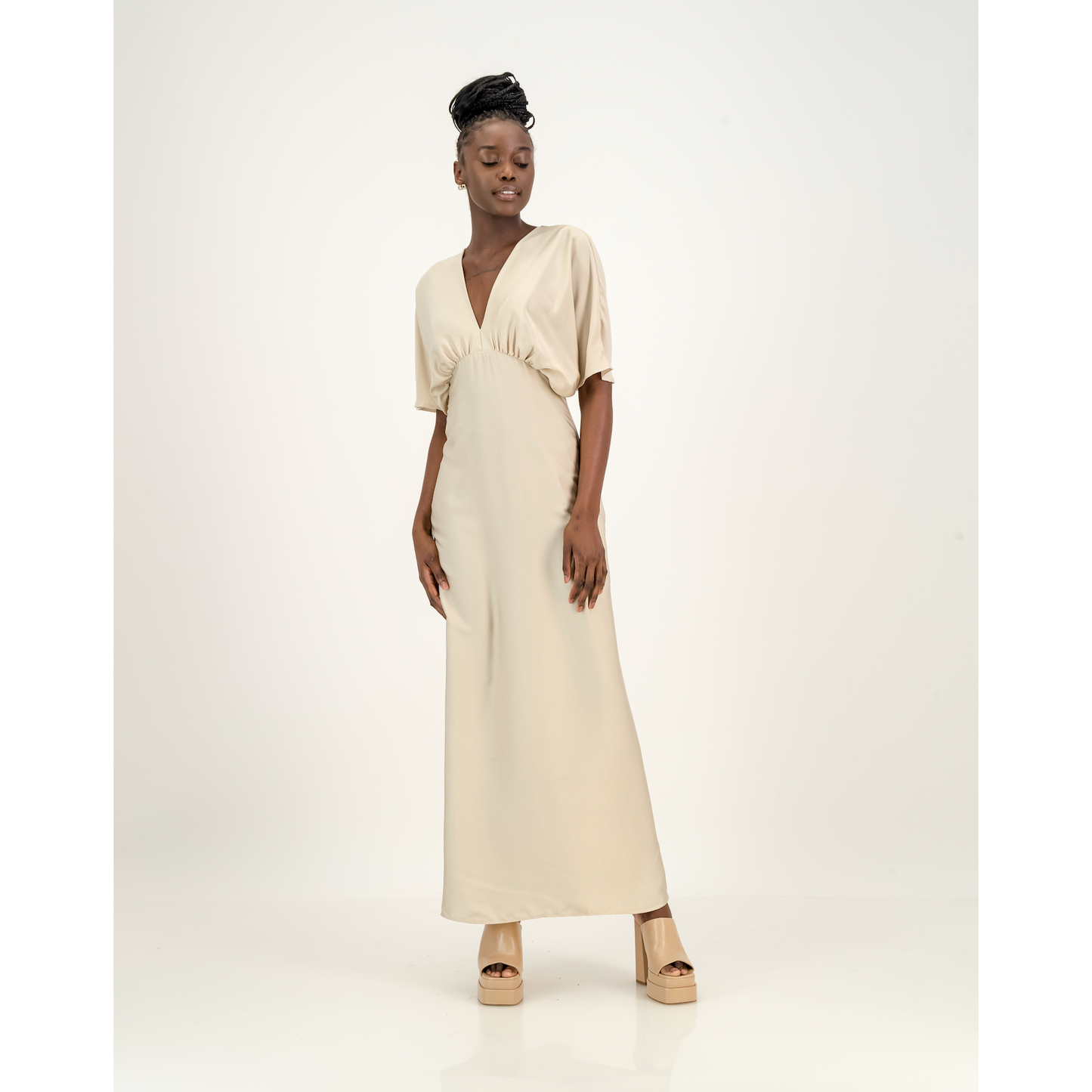 Short Sleeve Satin Formal Dress in Hummus