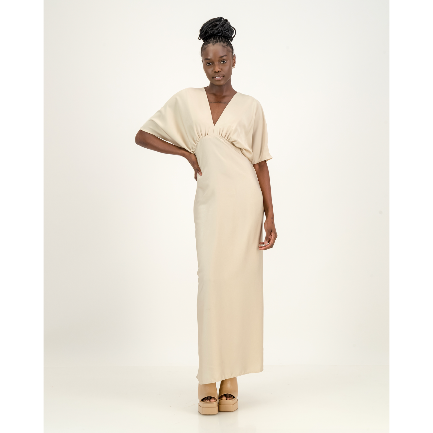Short Sleeve Satin Formal Dress in Hummus