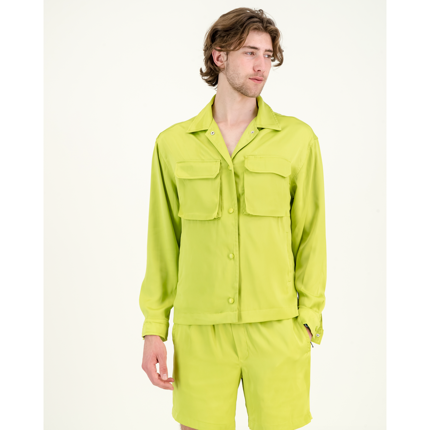 Satin Shacket in Acid Lime