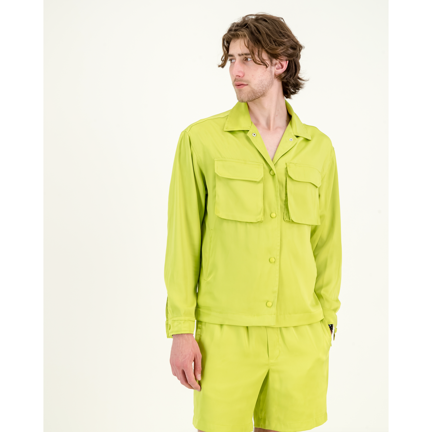 Satin Shacket in Acid Lime