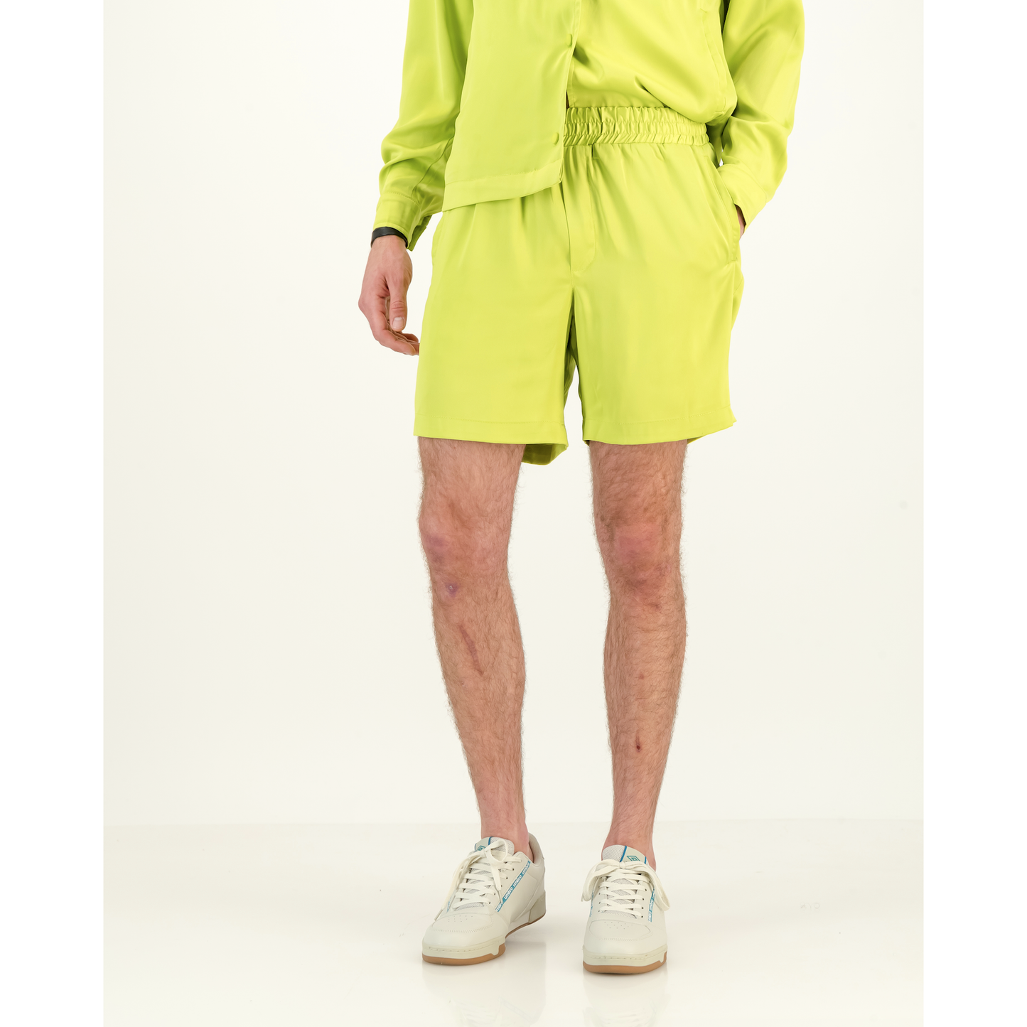 Formal Satin Shorts in Acid Lime