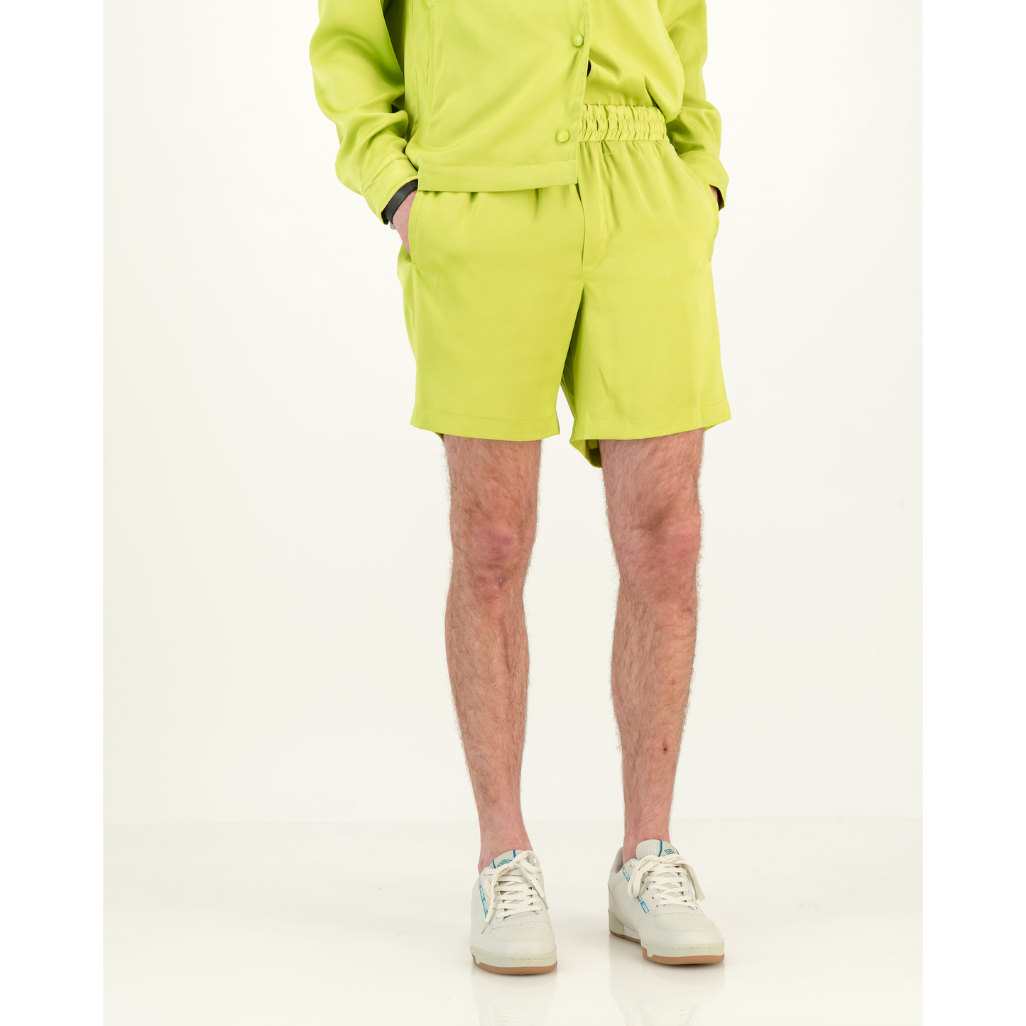 Formal Satin Shorts in Acid Lime