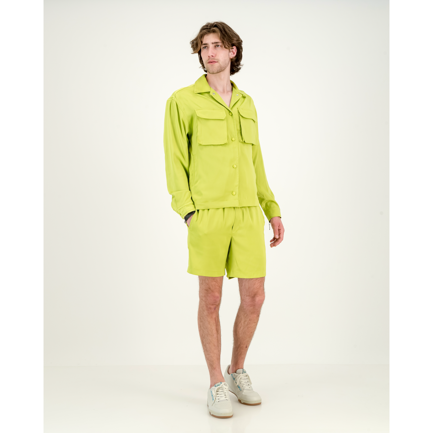 Formal Satin Shorts in Acid Lime
