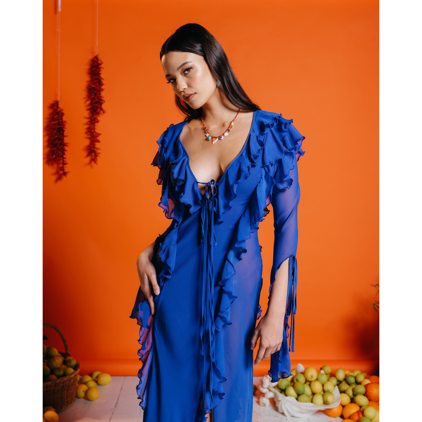 Maxi Ruffle Sheer Dress in Royal Blue
